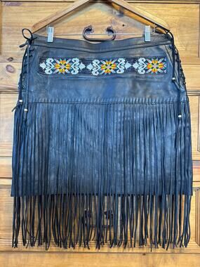 Kobler Lacota Skirt Black‎ Leather Beaded Southwest Aztec Fringe XL